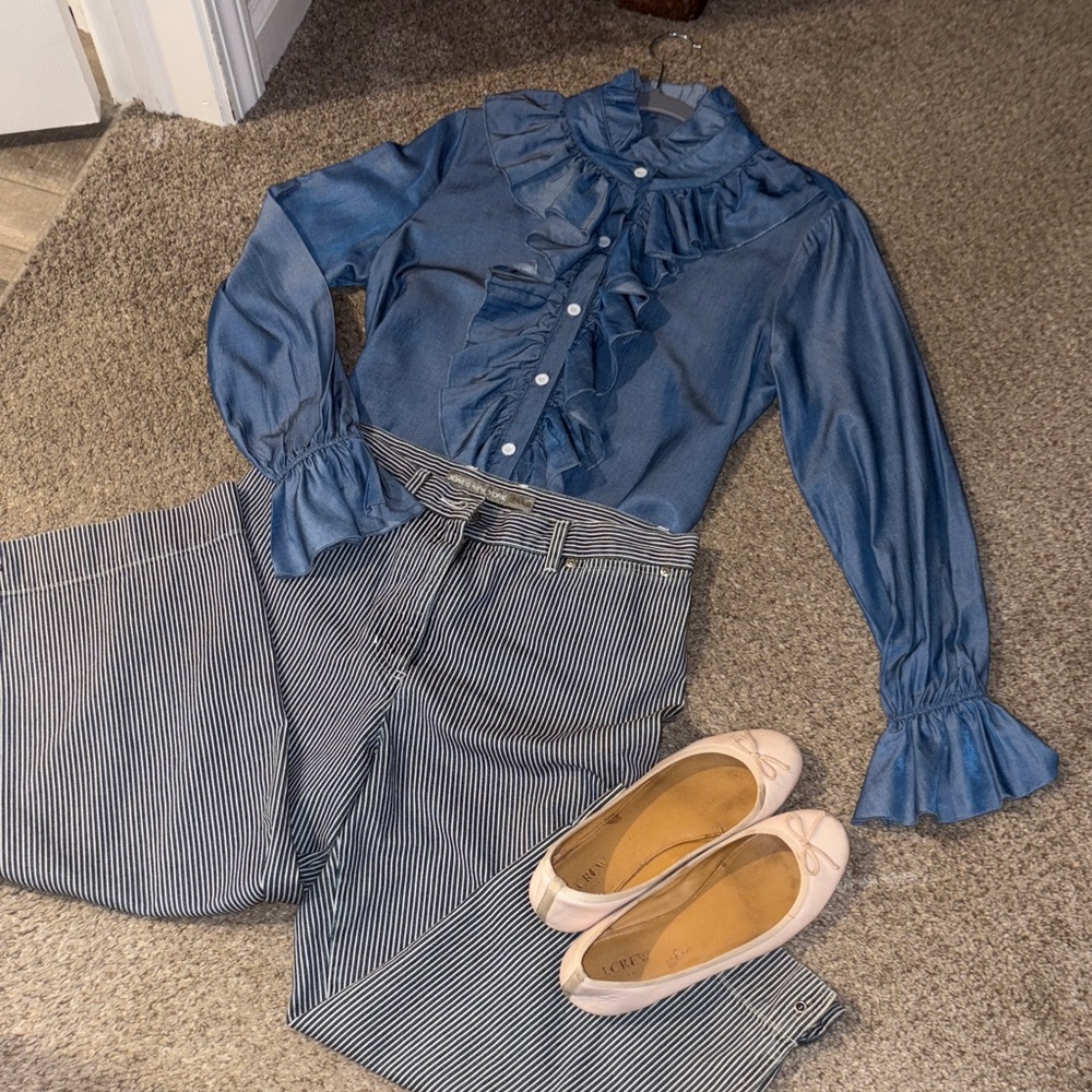 Chic Blue Ruffle Button Down Shirt - image 1